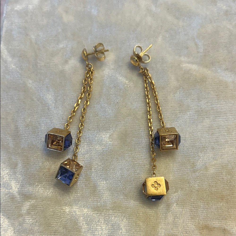 Louis Vuitton Gold Chain Drop Earrings with Blue Crystals
